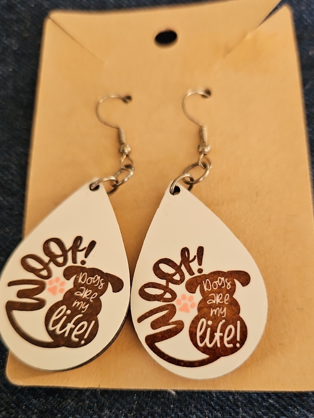 Handmade White Teardrop "Woof! Dogs Are My Life" Earrings - Pet Lover Jewelry